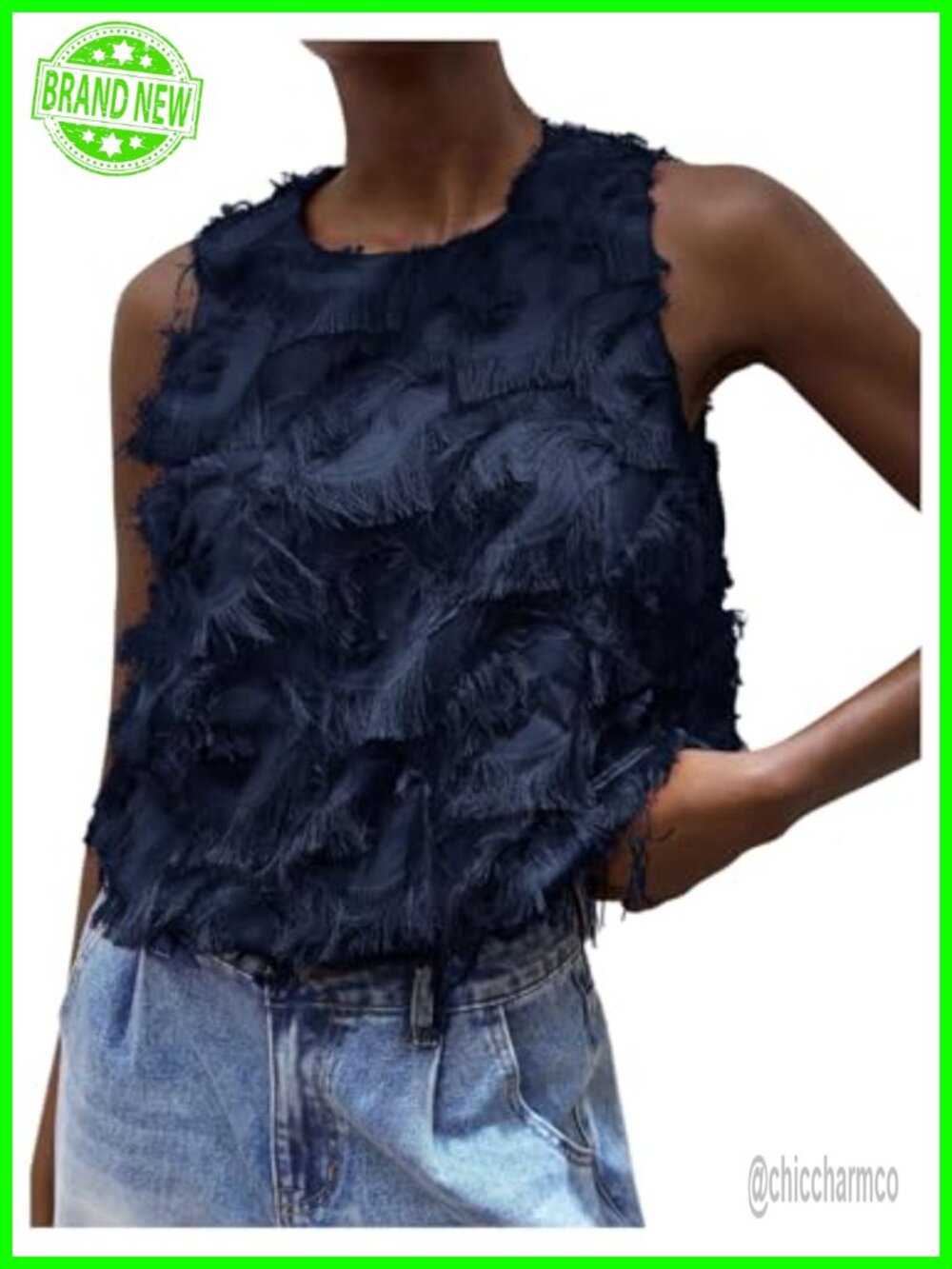 Women's Fringe Tank Top Fuzzy Trim Sleeveless Dressy Going Out Blouse